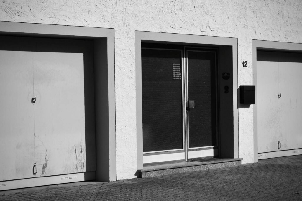 black and white urban building facade